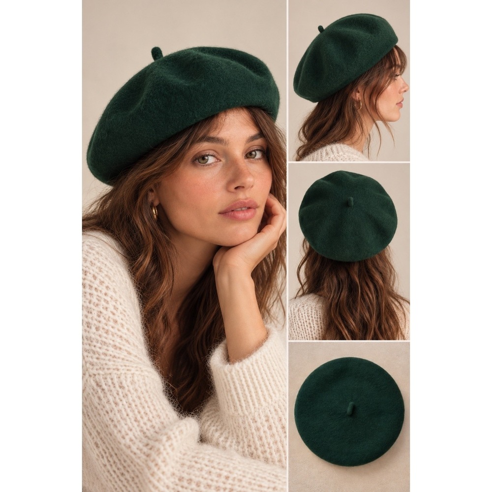 Vintage Style Forest Green Wool Beret French Artist Hat Emerald Green
